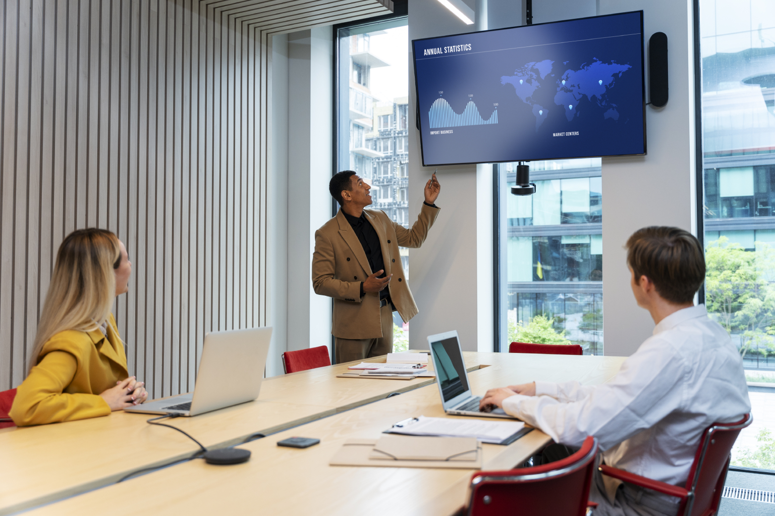 Active LED display in a modern conference room setup