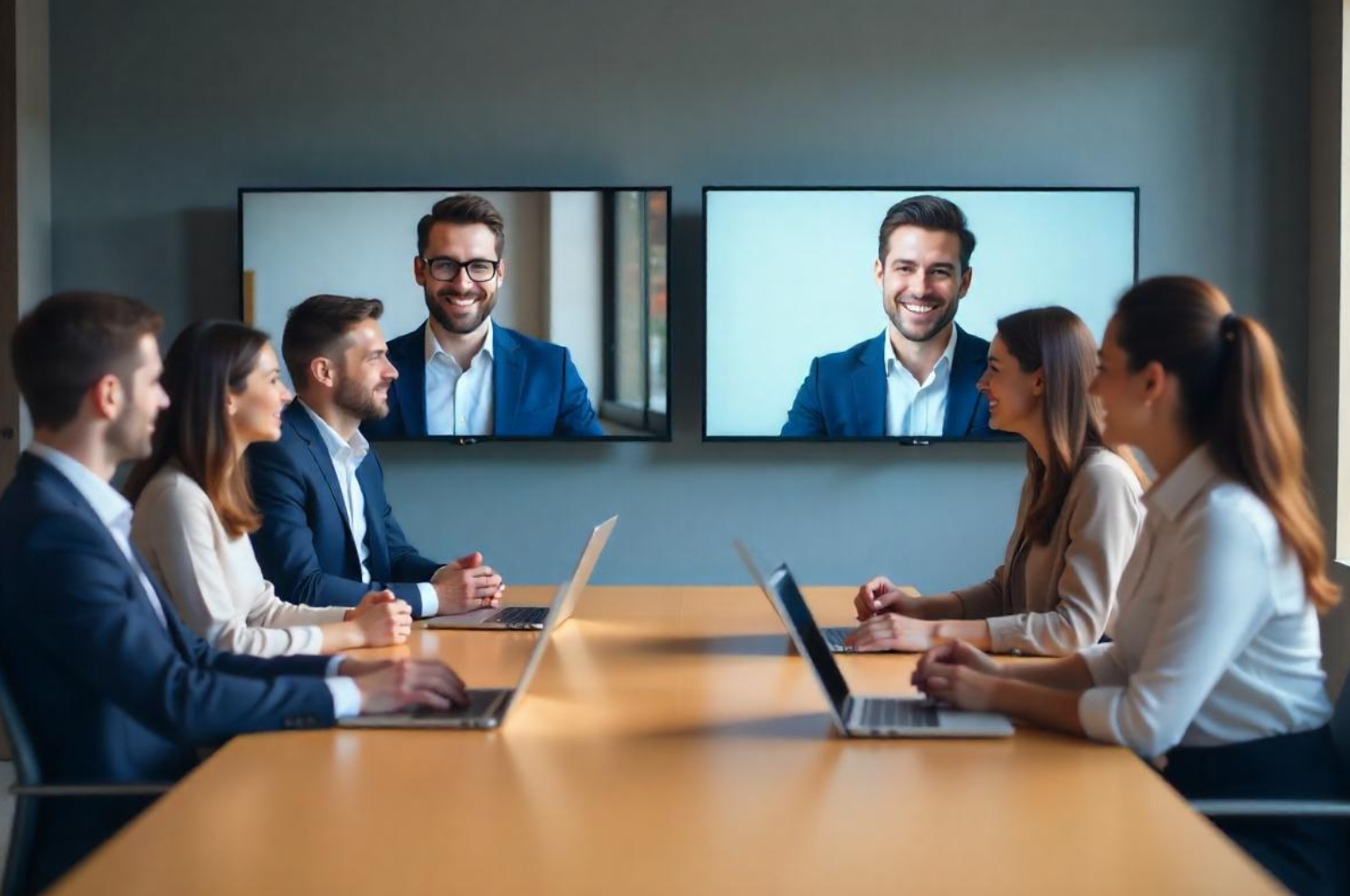 Business team using a wireless video conference system.