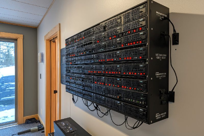 Image of a rack-mounted 8x8 HDMI matrix unit with multiple inputs and outputs connected in an AV closet