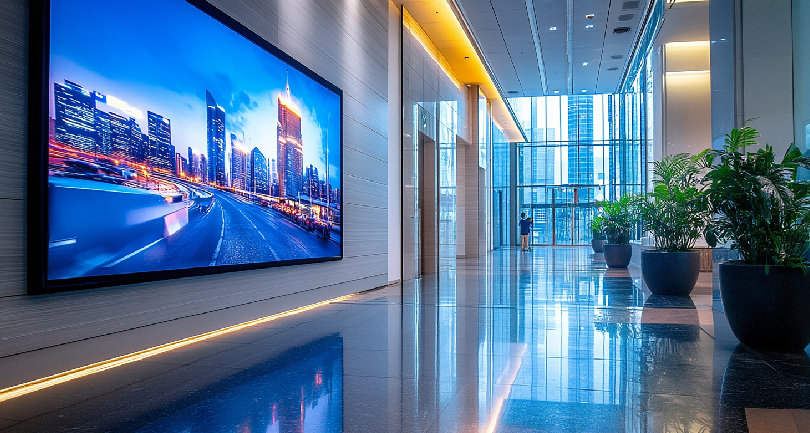A premium Bronx Annexa 16-9 Series LED display active with high-definition video inside a luxury corporate board.