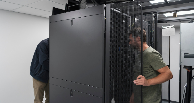 Front chassis shot of the Bronx BR-DCU-CAT-6 auto-tracking controller rack-mounted inside a professional AV data rack.