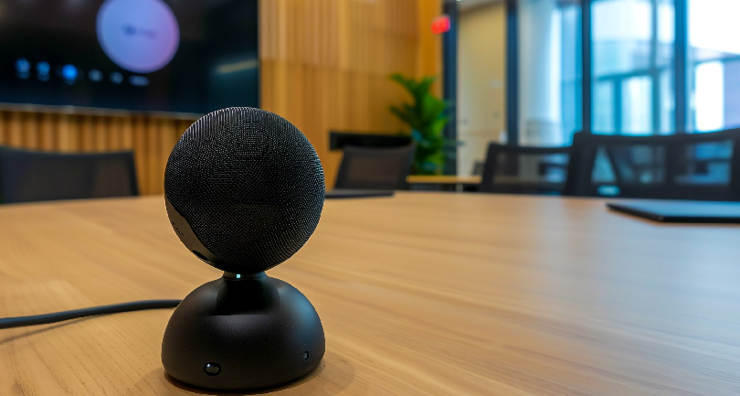 Profile shot of the sleek, round Bronx BR-MU360 USB conference microphone active on a corporate huddle table.